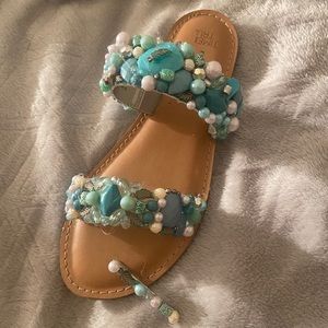 2 Strap Sandals With Teal, Silver And Pearl Stones